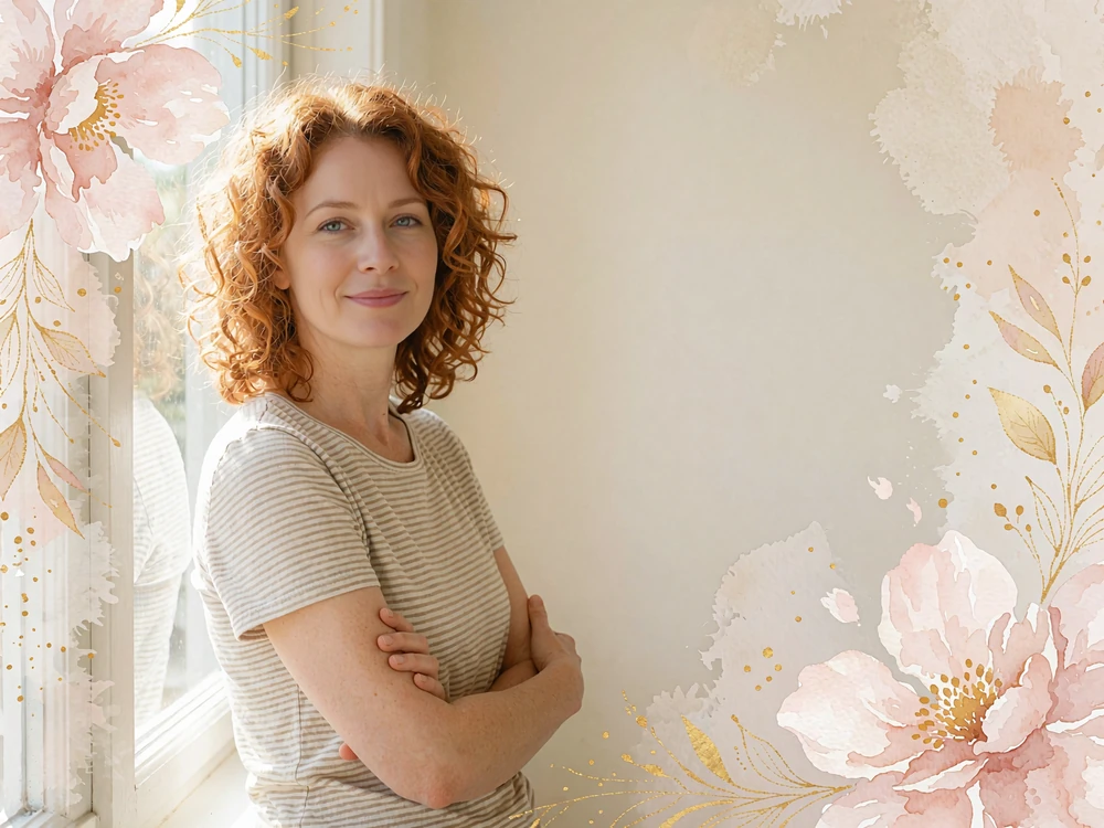 Woman with curly copper-red hair smiling beside a sunlit window, illustrating a natural, honest online dating profile photo