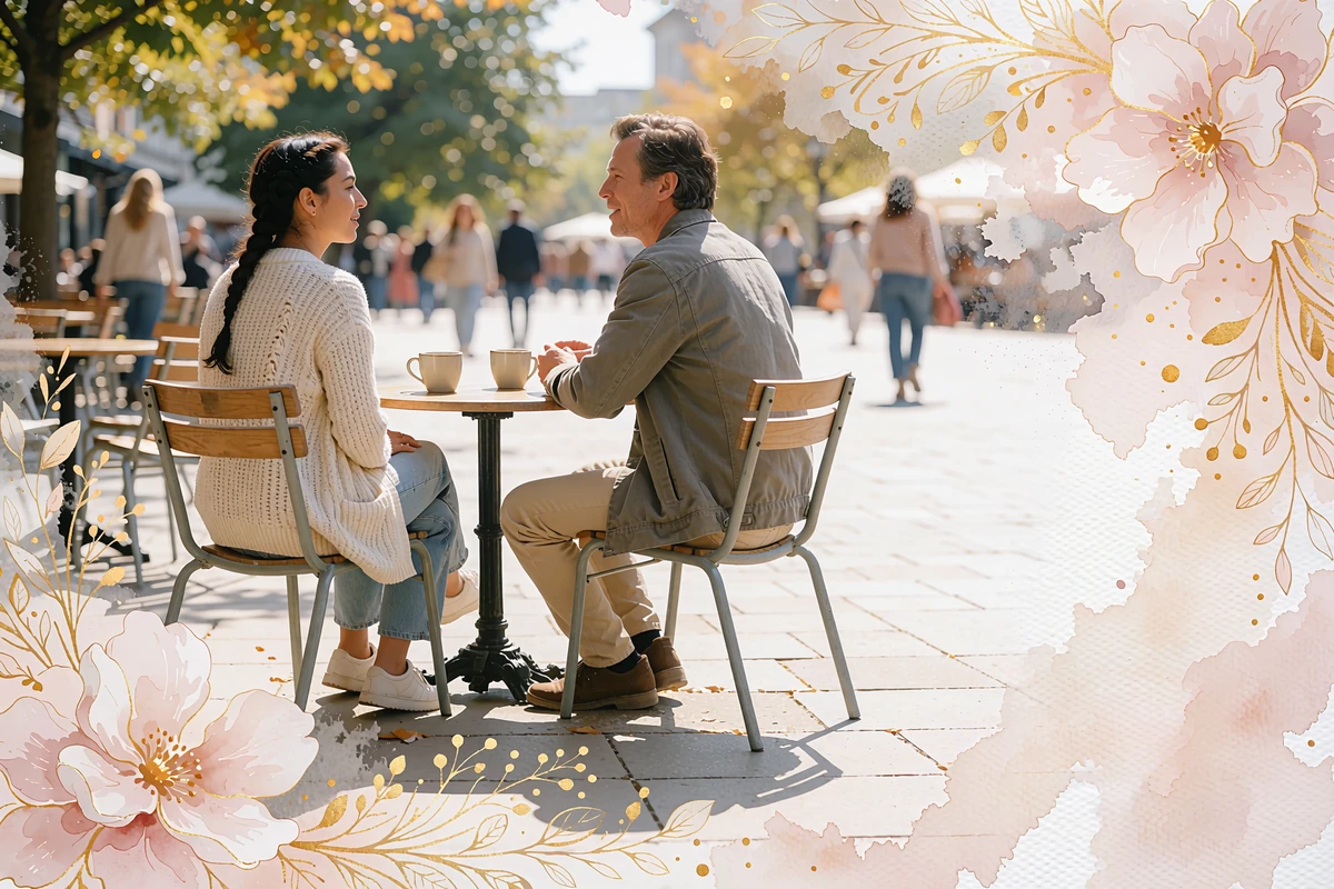 Two adults relaxing over coffee at a sunny public café terrace, representing a safe daytime first-date setting