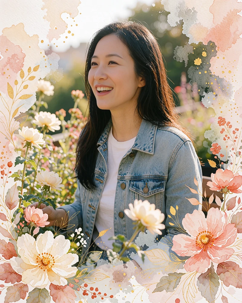 Example online dating profile photo of a laughing woman in a blue denim jacket and white tee on a sunlit garden terrace
