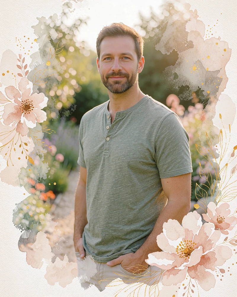 Illustrative member card photo of a bearded man in a sage green henley shirt standing on a sunlit garden path