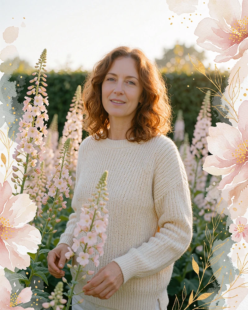 Illustrative dating profile card photo of a smiling woman with wavy auburn hair in a cream knit sweater standing among pale pink garden flowers