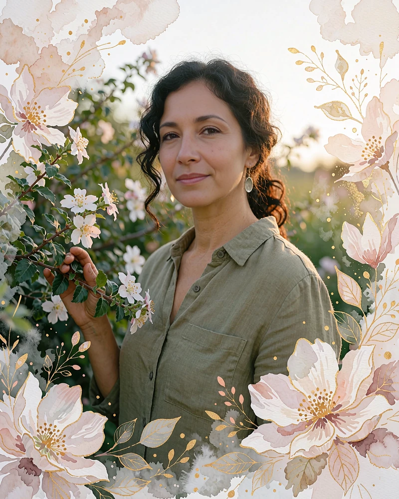 Sample dating site profile picture of a woman in an olive linen shirt resting her hand on a flowering shrub in warm afternoon light